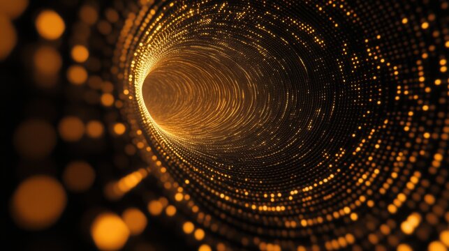 Abstract golden tunnel of light, glowing particles, digital art, futuristic technology concept.