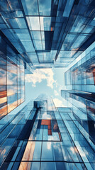 Fototapete - Low-angle view of glass skyscrapers mirroring vivid blue sky and white clouds, showcasing metropolitan architectural elegance