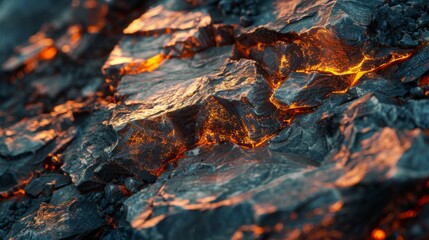 Poster - Glowing lava illuminates jagged volcanic rock formations as molten material flows across the surface, showcasing the intense heat and energy of the eruption in the dark environment.
