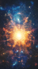 Poster - Abstract cosmic background showing a bright light expanding through a complex network in the immensity of outer space