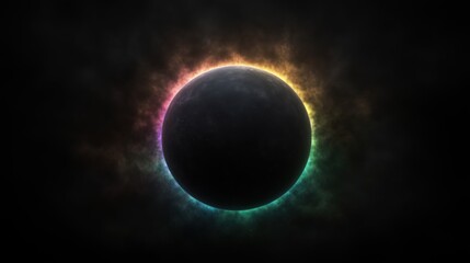 Wall Mural - A dark planet surrounded by a vibrant, colorful halo against a black background.