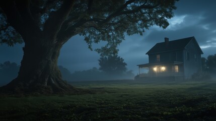 Wall Mural - a charming house illuminated at night beside a large tree in a misty landscape.