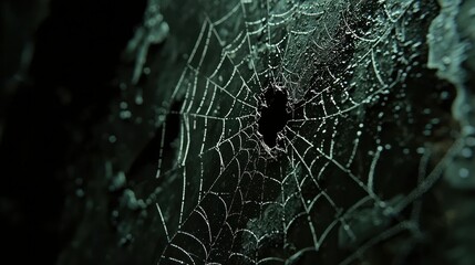 Damaged metal surface with intricate spider web, dark background