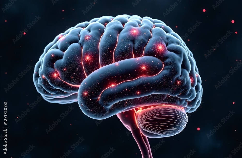 Abstract 3D model of the brain with electrical impulses inside ...