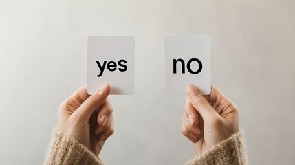 Aufkleber - Woman holding two white cards labeled yes and no, representing the challenge of decision making in career, relationships, and personal growth