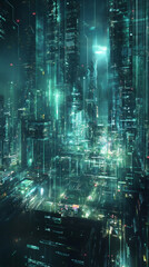 Poster - Digital data flows through skyscrapers in a futuristic cityscape, creating a vibrant network of information