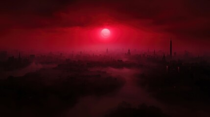 Wall Mural - a dramatic red sunset casting shadows over a city skyline shrouded in mist.