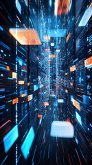 Fototapete - Digital data streaming through high-tech server room, visualizing rapid network processing with dynamic motion blur effect