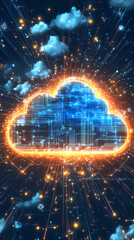 Fototapete - Cloud computing technology connecting data through circuit lines and bright lights, symbolizing innovation and digital transformation