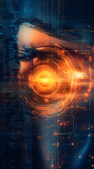 Aufkleber - Woman's eye blending with glowing orange holographic interface, representing human-technology symbiosis in futuristic digital landscape
