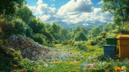 Wall Mural - reduce reuse recycle message with bins and compost heap in a lush green landscape promoting