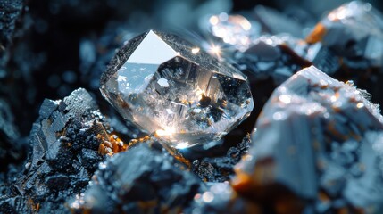 Fototapete - A transparent crystal stands out among dark, rugged mineral fragments, reflecting light and showcasing intricate details of nature's artistry. The contrast creates a captivating visual display.