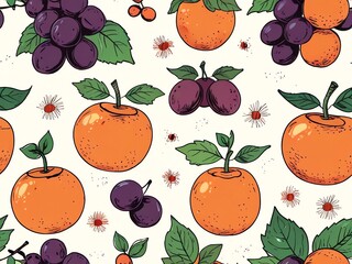 Wall Mural - Vibrant Fruit Pattern: Oranges, Grapes, and Plums