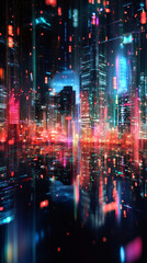 Poster - Digital rain cascading over a vibrant futuristic cityscape, shimmering reflections dancing on the water's surface under the night sky