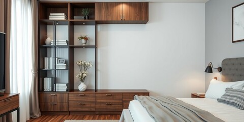 Modern classic chest of drawers with veneer and painted wood trim on white background, stylish, contemporary, storage