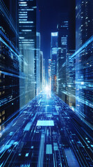 Poster - Digital cityscape morphing into data flow, representing technological convergence within modern urban infrastructure