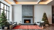 © Naksit - Modern loft living room with a sleek Christmas tree, contemporary fireplace, and a large gray armchair, fireplace, modern, apartment