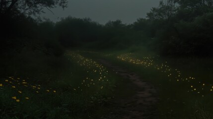Wall Mural - a serene pathway illuminated by glowing fireflies in a dark, lush landscape.