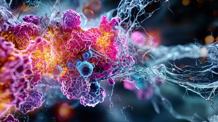 Aufkleber - Microscopic view of glowing engineered cells science lab digital art dark background close-up bioluminescence