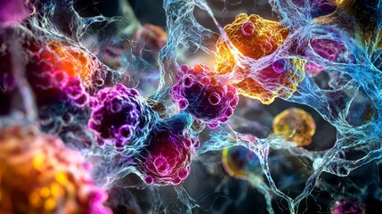 Fototapete - Microscopic view of engineered glowing cells laboratory scientific imagery digital environment close-up innovation