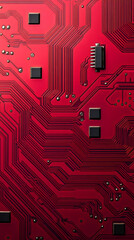 Leinwandbilder - Close-up of red electronic circuit board with integrated circuit, tracks, and electronic components, representing advanced technology