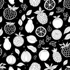 Wall Mural - Exotic Fruit Pattern: A Seamless Design of White Fruits on Black Background