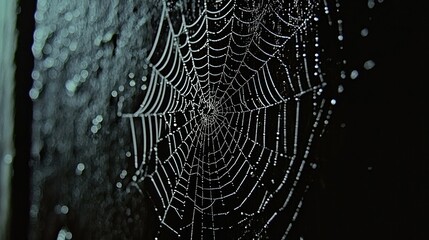 Dew-kissed spider web on dark wall