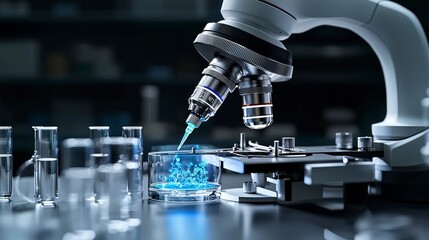 Poster - Precision robotic arm in close-up conducting experiments in a high-tech laboratory environment