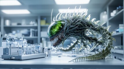 Aufkleber - Bioengineered alienlike creature examined in laboratory setting futuristic science environment close-up view