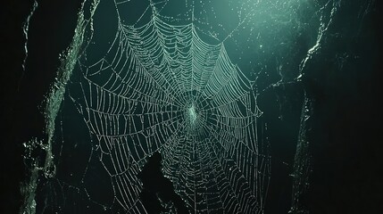 Dew-kissed spiderweb in a dark cave