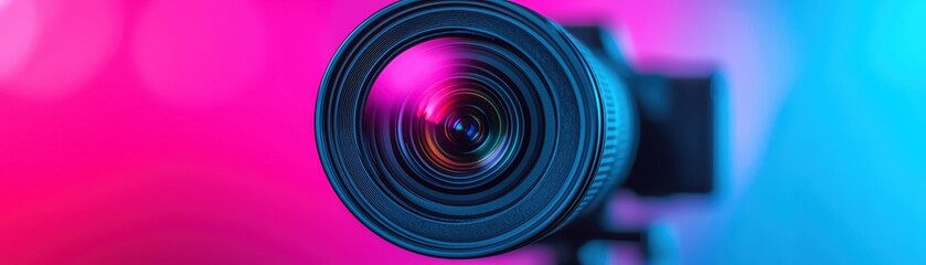 Poster - A close-up view of a camera lens with vibrant lighting and colorful bokeh effects.