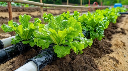 Poster - Smart irrigation system enhancing lettuce growth organic farm agricultural technology outdoor close-up efficiency