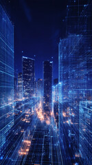 Poster - Digital lines are connecting buildings in a futuristic cityscape, creating a network of glowing lights and data streams