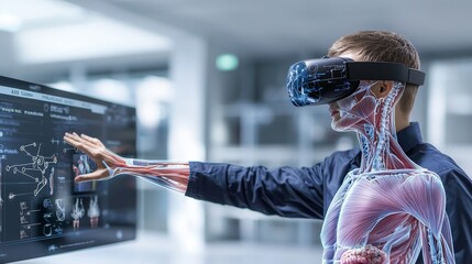 Fototapete - Student exploring human anatomy through augmented reality headset in modern classroom environment