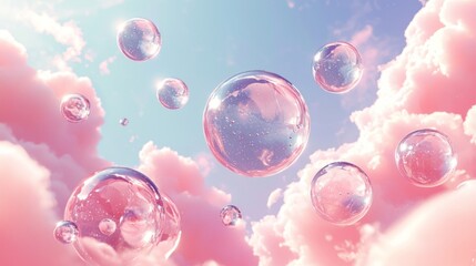 Poster - Delicate bubbles float effortlessly through a dreamy sky filled with soft pink clouds. The tranquil atmosphere evokes a sense of wonder and nostalgia, inviting imagination to take flight