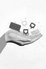 Leinwandbilder - Vertical collage image of black white colors arms palms hold message like notification support ukraine isolated on creative background
