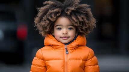 Wall Mural - A young child with curly hair is wearing an orange jacket and smiling. Concept of warmth and happiness, as the child appears to be enjoying the moment