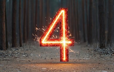 Poster - A glowing number four created with sparks in a serene forest setting.