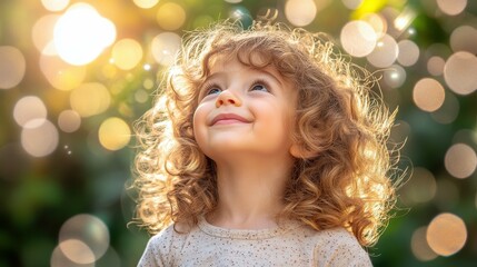 Wall Mural - A young girl with curly hair is smiling and looking up at the sun. Concept of happiness and innocence, as the child is enjoying the warmth and light of the sun. The bright colors of the girl's hair