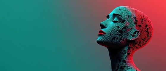 Poster - A futuristic mannequin head with artistic patterns and vibrant lighting.