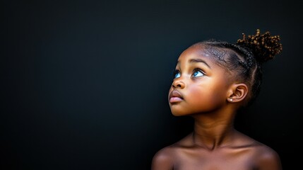 Wall Mural - A young girl with dark hair and blue eyes is looking up at the camera. The image has a moody and mysterious feel to it, as the girl's gaze seems to be searching for something beyond the frame