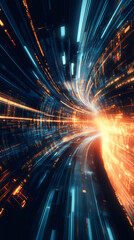 Leinwandbilder - Orange and blue light trails flowing through cyberspace tunnel, creating a futuristic and technological atmosphere