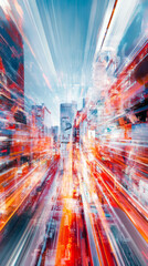 Poster - Blurred city lights streaking across frame, capturing urban dynamism with vibrant color palette and intense motion effect