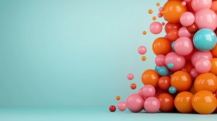 Poster - Abstract Glossy Spheres Cascade Pink Orange and Teal Against Light Blue Backdrop