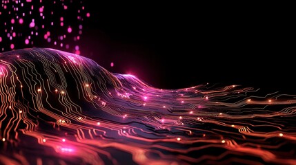 Poster - Abstract Glowing Digital Landscape with Pink and Orange Particles