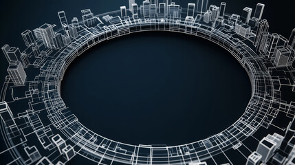 Poster - sleek black circular interior featuring detailed wireframe cityscape design, creating modern and futuristic atmosphere. intricate lines form captivating visual effect