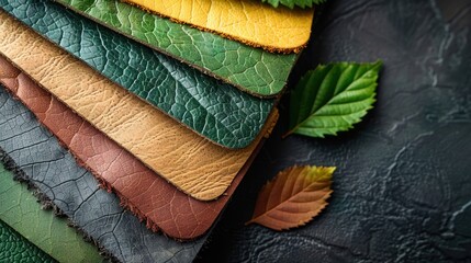 Poster - An intricate arrangement of various textured green and gold leather showcases elegant layers underlining the richness of color and material in a creative composition.