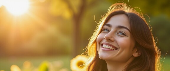 Wall Mural - A woman with long brown hair is smiling in a field of grass. The sun is shining brightly, creating a warm and inviting atmosphere