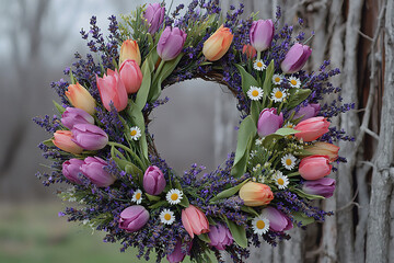 Wall Mural -  tulip, daisy, and lavender wreath