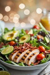 Wall Mural - Grilled chicken salad with fresh ingredients and vibrant colors served on a dinner table